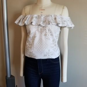 Anthropologie White Eyelet Cotton Ruffle Top